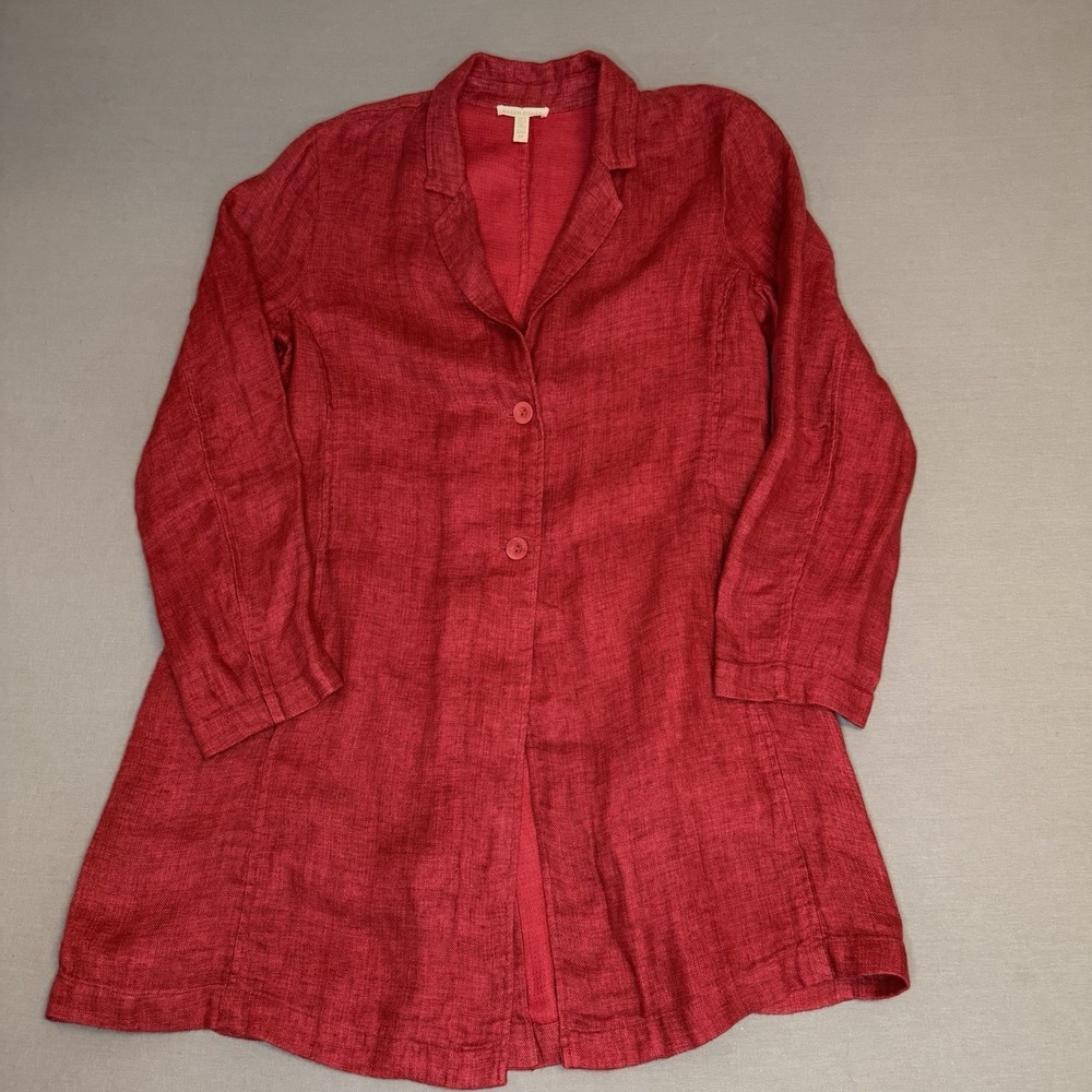 Eileen Fisher Women's Red Long Collared Button-Front Jacket Relaxed Fit Size 10